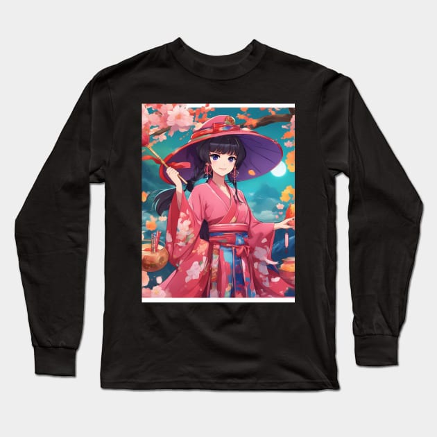 Manga girl  pink hat  dress elegant Long Sleeve T-Shirt by animegirlnft